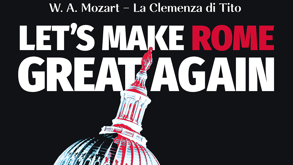 Kuvassa teksti Let's make Rome great again sekä capitoliumin katon huippu mustalla taustalla.