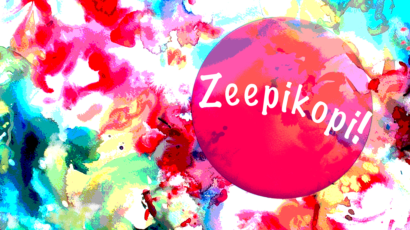 Maalaus, jossa väriläiskiä ja pallossa teksti Zeepikopi!