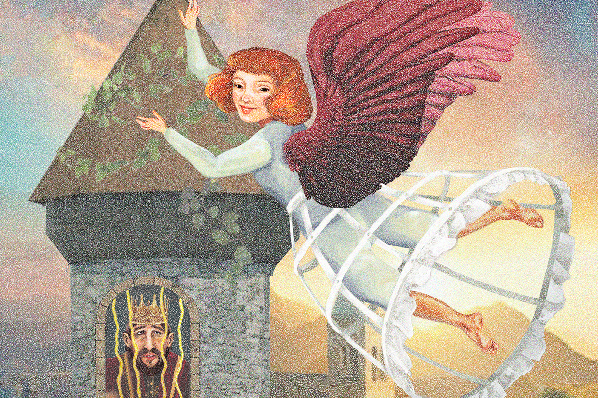 Kuninkaan tytär lentää kuvan edessä hymyillen siivillään, taustalla näkyy torni jossa isä kuningas on kaltereiden takana. Takana on auringonlasku ja vuoristoa.