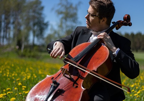 Markus Hallikainen soittaa selloa niityllä