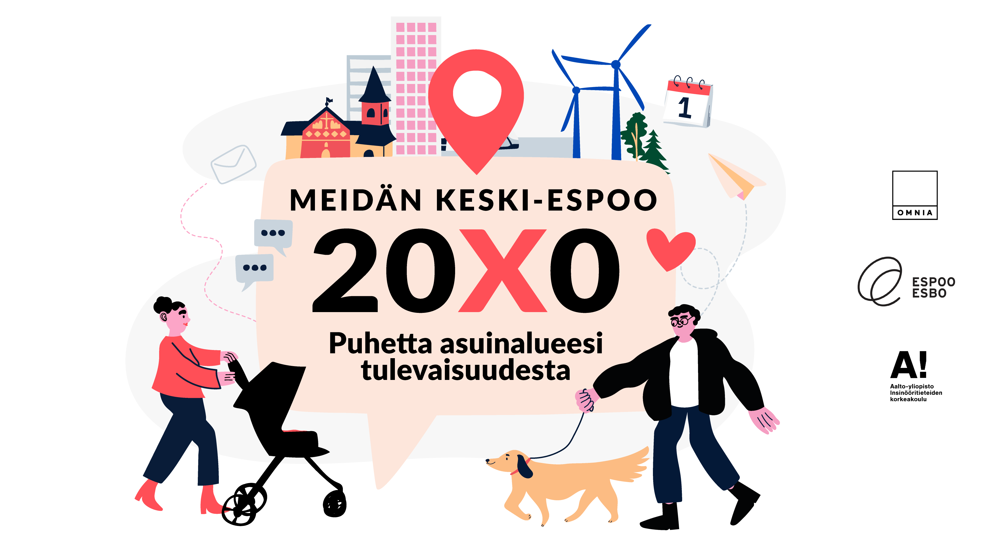 Piirroskuvassa ihmisiä tulevaisuuden Espoossa ja keskellä puhekupla, jossa teksti "Meidän keski-Espoo 20X0. Puhetta asuinalueesi tulevaisuudesta".