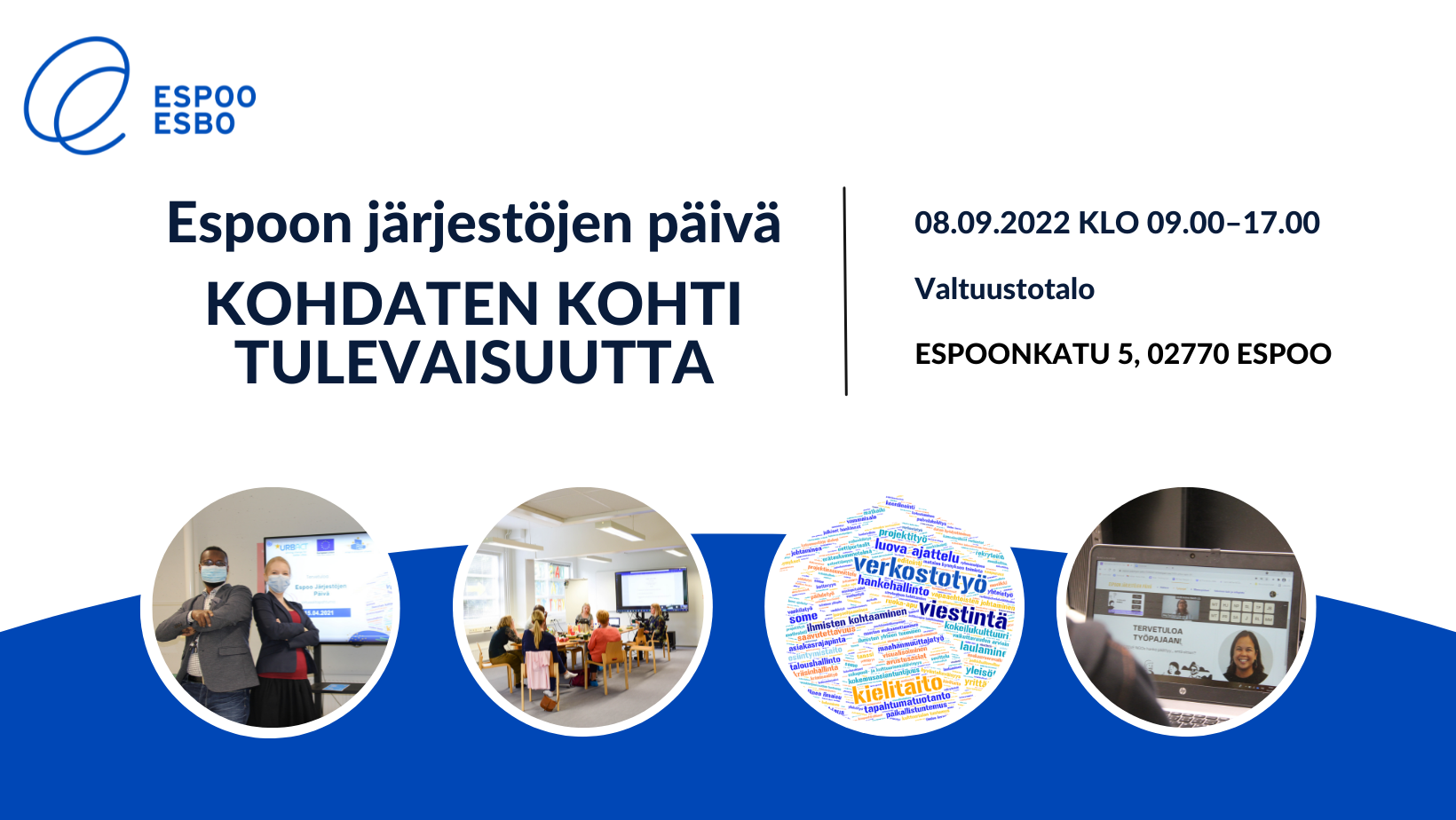 Tekstiä, valkoinen yläosa ja kaaressa sinusta alhaalla. Sinisessä osassa on neljä palloa joissa kuvia tapahtumasta.