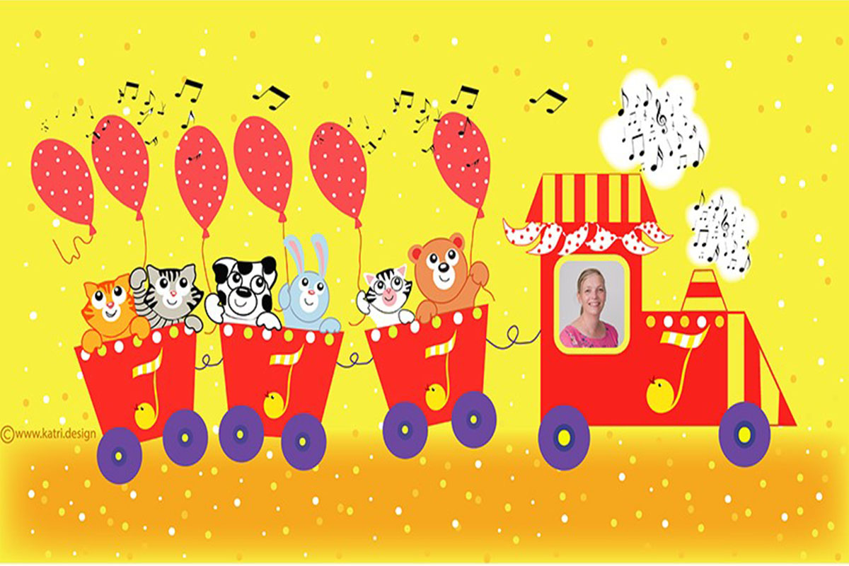 Punaisessa piirretyssä lelujunassa matkustavat monenlaiset iloiset eläimet.