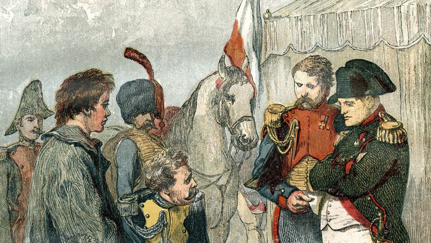 Piirokuva Napoleonista ja hänen ympärillä olevista miehistä sekä hevosesta.